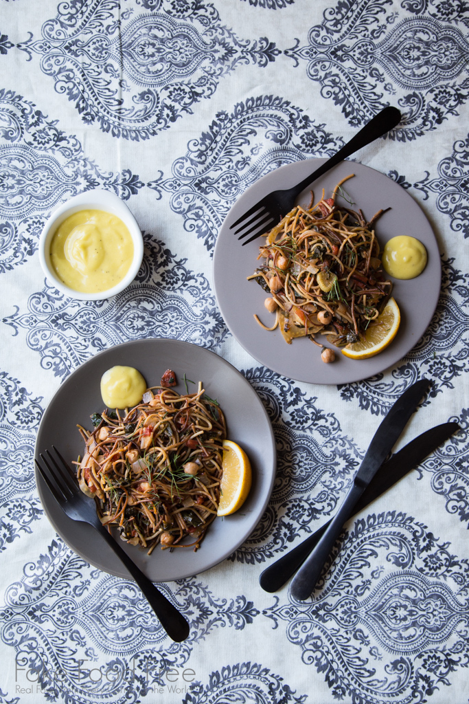 Fideos with Chickpeas, Kale, and Aioli recipe from Just Add Sauce by America's Test Kitchen | FakeFoodFree.com