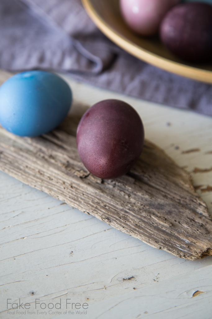 Naturally Dyed Eggs with black rice and purple cabbage. 