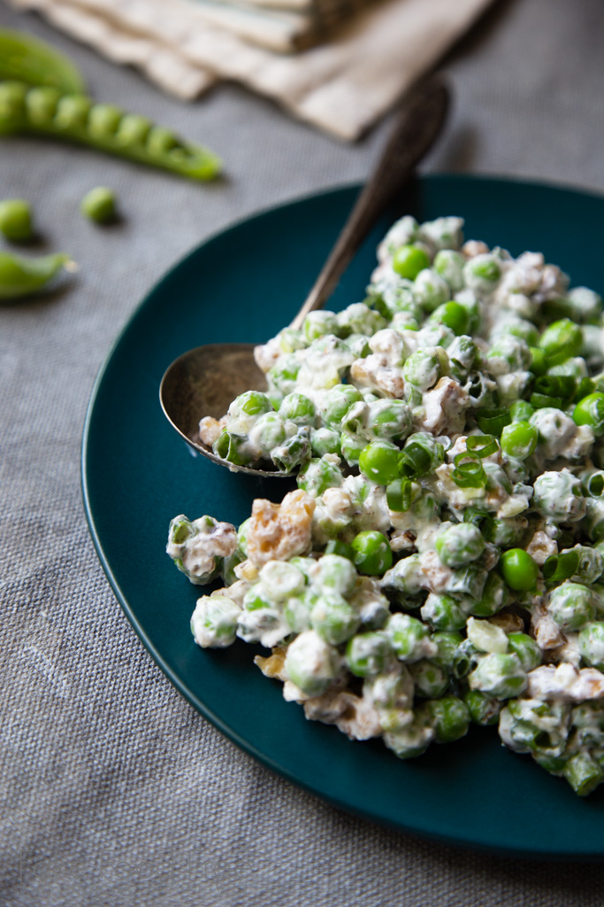 Spring Pea Salad Recipe with Walnuts, Green Onions and Za'atar Seasoned Yogurt | FakeFoodFree.com
