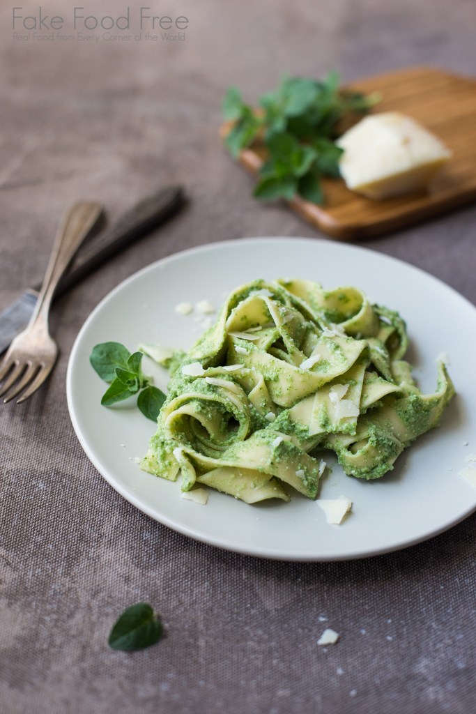 Pappardelle Pasta Tossed with Creamy Almond Spinach Sauce Recipe | Fake Food Free