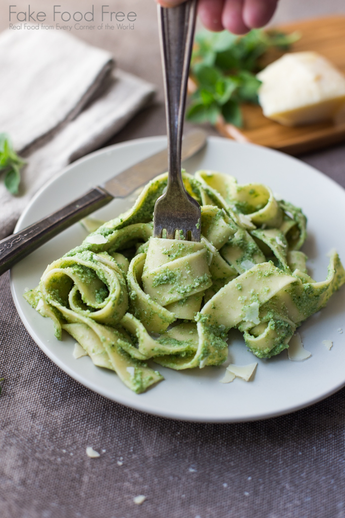 Pappardelle Pasta Tossed with Creamy Almond Spinach Sauce Recipe