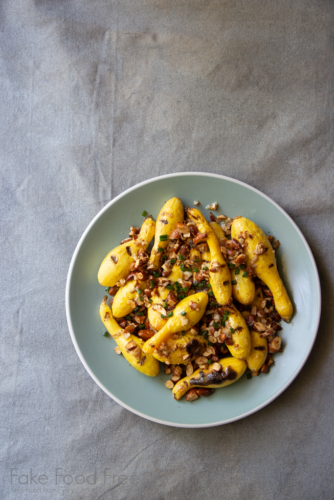 Recipe for Grilled Baby Yellow Squash with Smoked Almond and Garlic Crumble | Vegetarian Grilling | FakeFoodFree.com