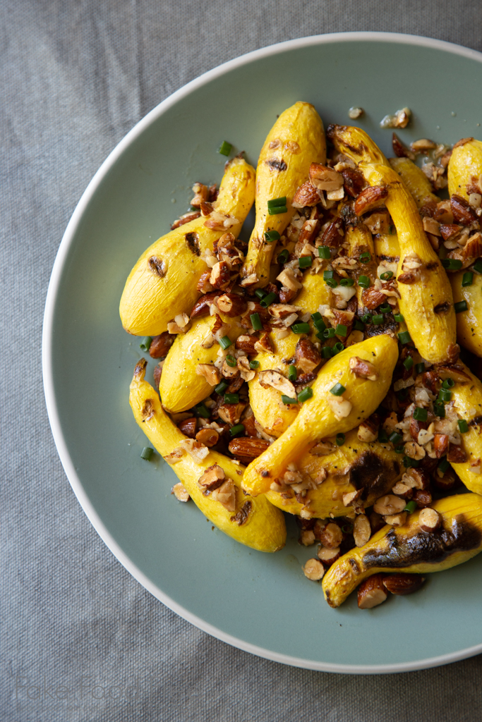 Grilled Baby Yellow Squash with Smoked Almond and Garlic Crumble Recipe | FakeFoodFree.com