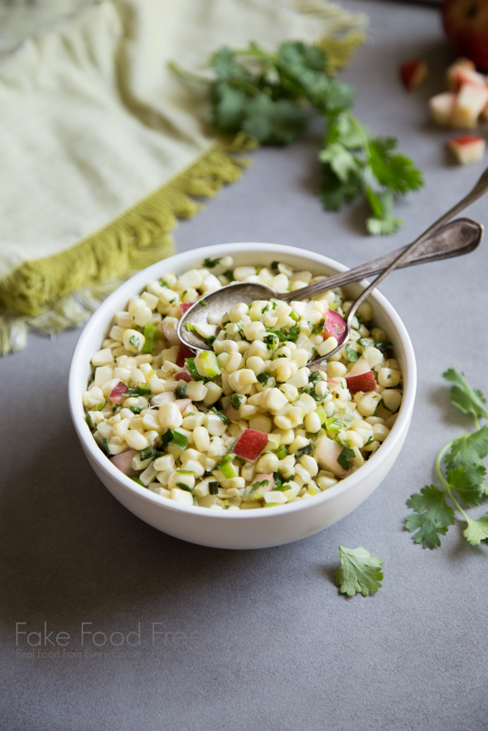 Favorite Nectarine Recipes! Skillet Sweet Corn Salad with White Nectarine | FakeFoodFree.com