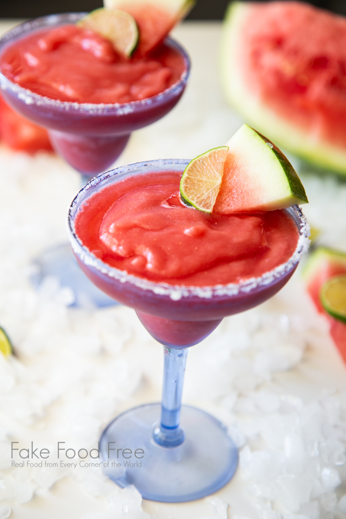 Cheers! Frozen Salted Watermelon Margaritas using fresh fruit. | Find the recipe at FakeFoodFree.com #watermelon #cocktails #frozendrinks