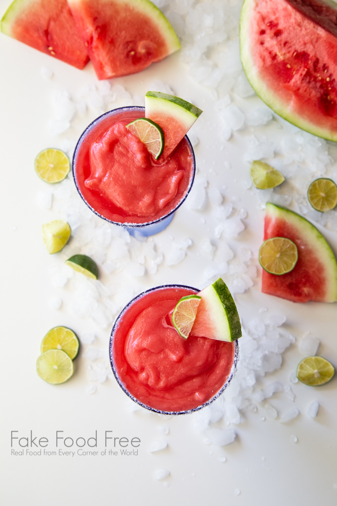 Salted Watermelon Margaritas Recipe | FakeFoodFree.com #cocktails #frozendrinks
