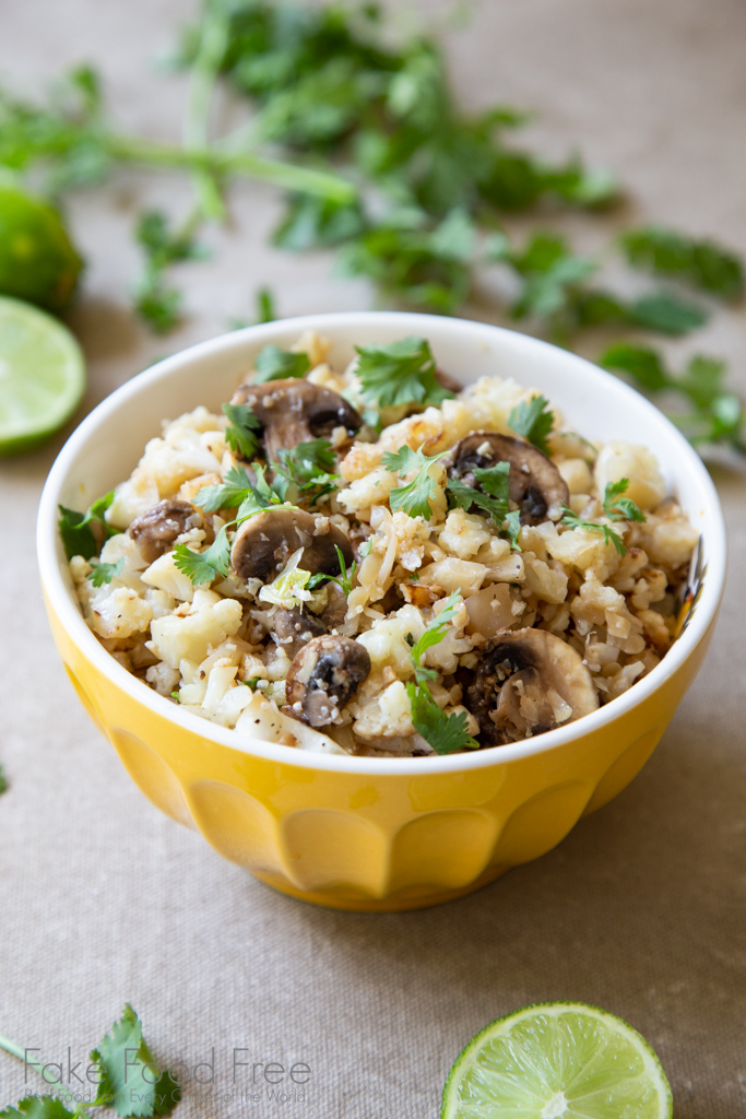 Cilantro Lime Cauliflower and Mushrooms Recipe. A simple vegetarian side dish that also works as a meal! | FakeFoodFree.com