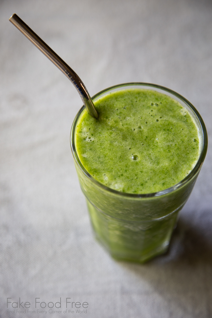 A plant-based breakfast shake made with pineapple, cucumber, spinach and ginger. | Recipe at FakeFoodFree.com