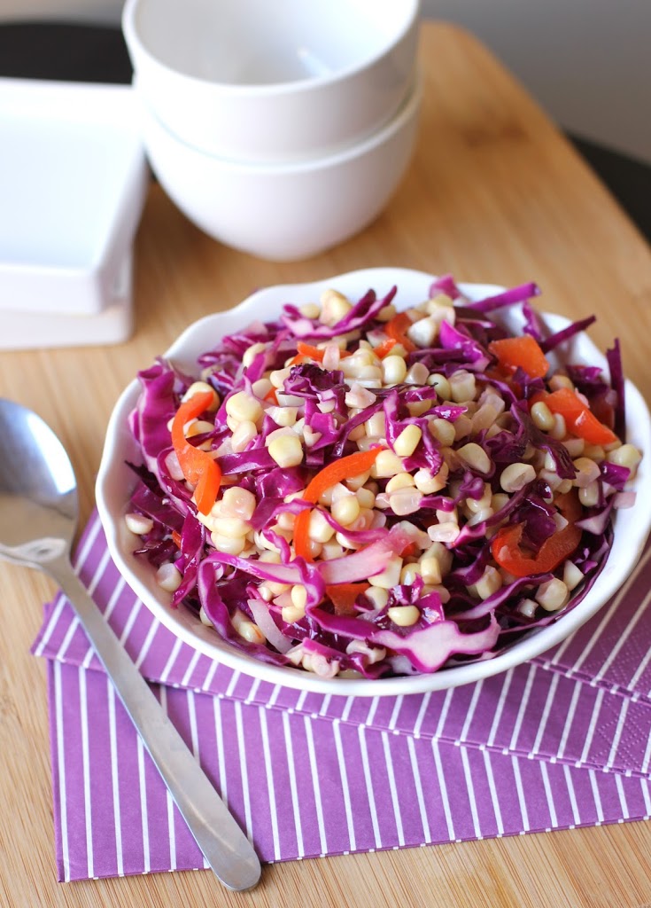 Favorite Corn Recipes | Warm Corn and Purple Cabbage Slaw with Coconut Dressing Recipe | FakeFoodFree.com