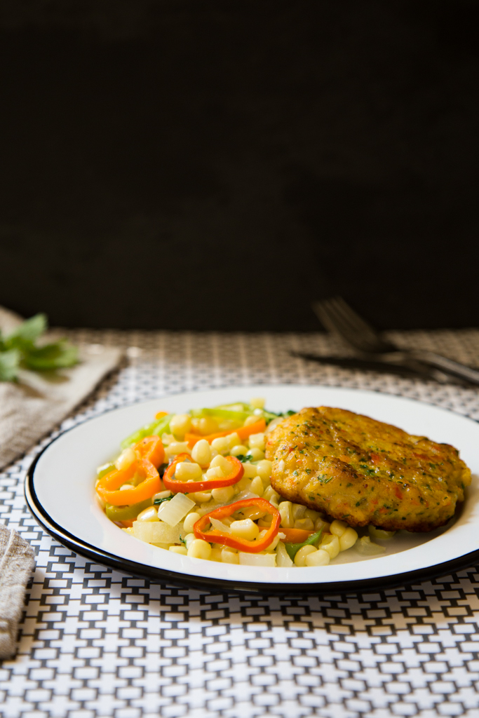 Favorite Corn Recipes | Fish Burgers with Skillet Corn and Sweet Peppers Recipe | FakeFoodFree.com