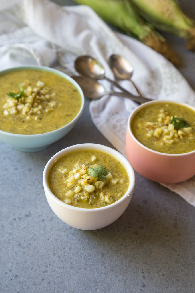 Favorite Corn Recipes | Chilled Poblano and Tomatillo Soup with Sweet Corn | FakeFoodFree.com