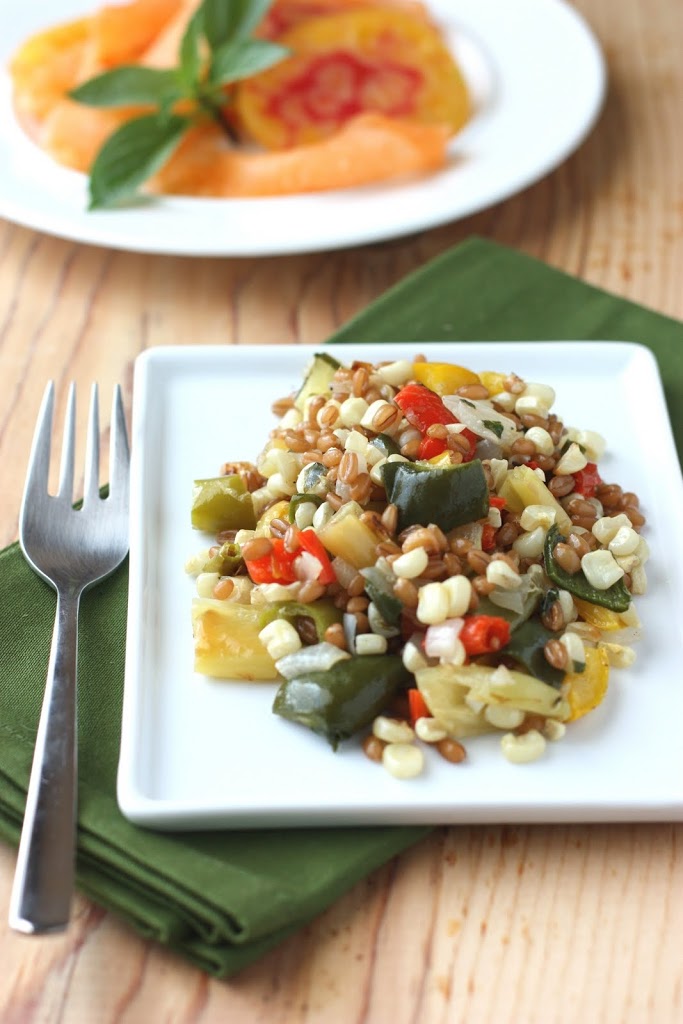 Favorite Corn Recipes | Roasted Corn and Pepper Wheat Berry Salad Recipe | FakeFoodFree.com
