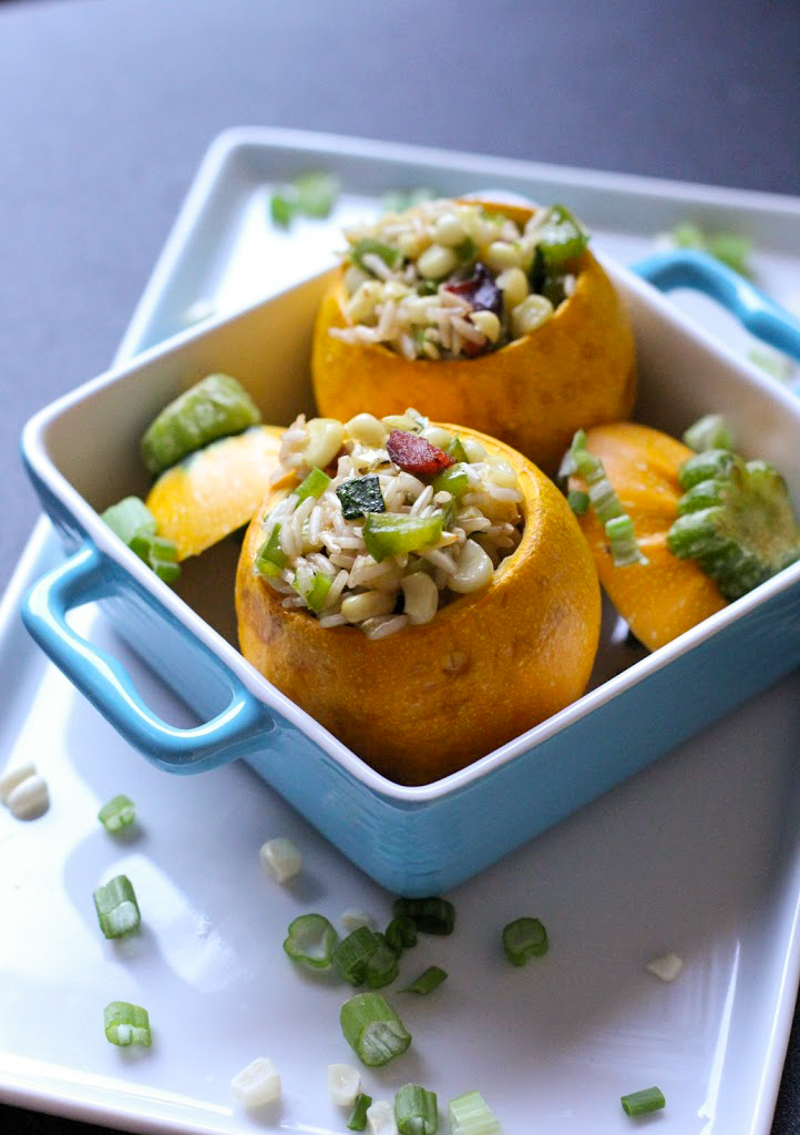 Favorite Corn Recipes | Bacon, Corn and Brown Rice Stuffed Squash | FakeFoodFree.com