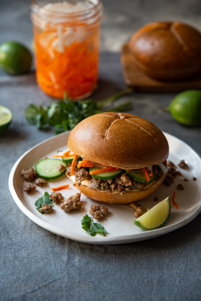 Easy and delicious Ground Pork Banh Mi Sandwiches | FakeFoodFree.com #bahnmi #sandwichrecipes #porkrecipes #easyrecipes #dinnerrecipes