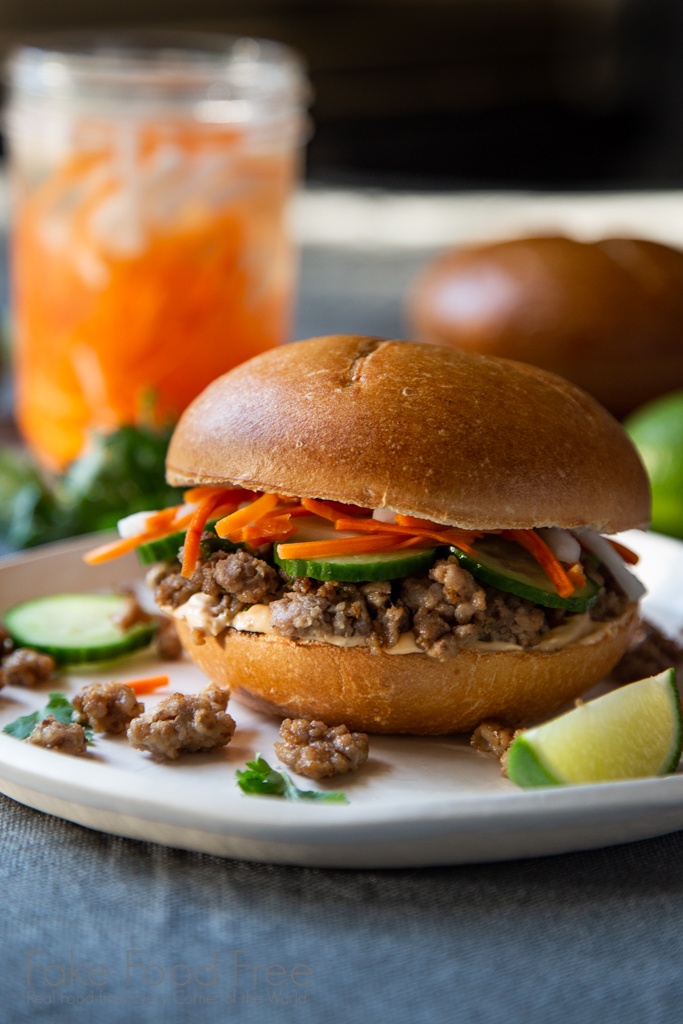 Ground Pork Bahn Mi Sandwich | FakeFoodFree.com #bahnmi #sandwichrecipes #porkrecipes #easyrecipes #dinnerrecipes