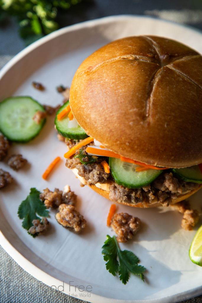 Make dinner in minutes. An easy recipe for Ground Pork Banh Mi Sandwiches | FakeFoodFree.com #bahnmi #sandwichrecipes #porkrecipes #easyrecipes #dinnerrecipes