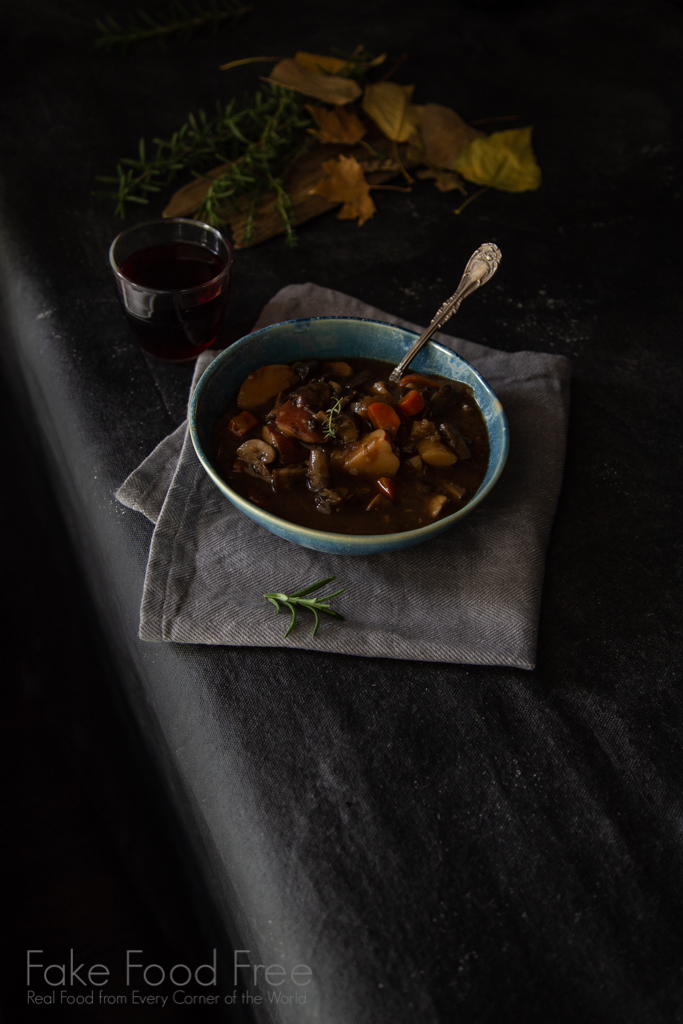 Mushroom Stew with Red Wine and Root Vegetables Recipe | FakeFoodFree.com #mushroomrecipes #stewrecipes #comfortfood #fallfood #fallrecipes #winterfood #winterrecipes #easyrecipes 