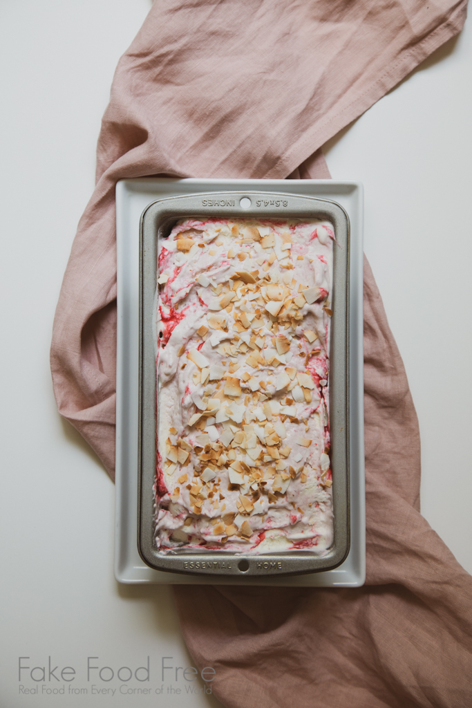 Rum Raspberry Coconut No Churn Ice Cream Recipe | FakeFoodFree.com #icecreamrecipes #nochurnicecream #coconut #raspberryrecipes #summerrecipes