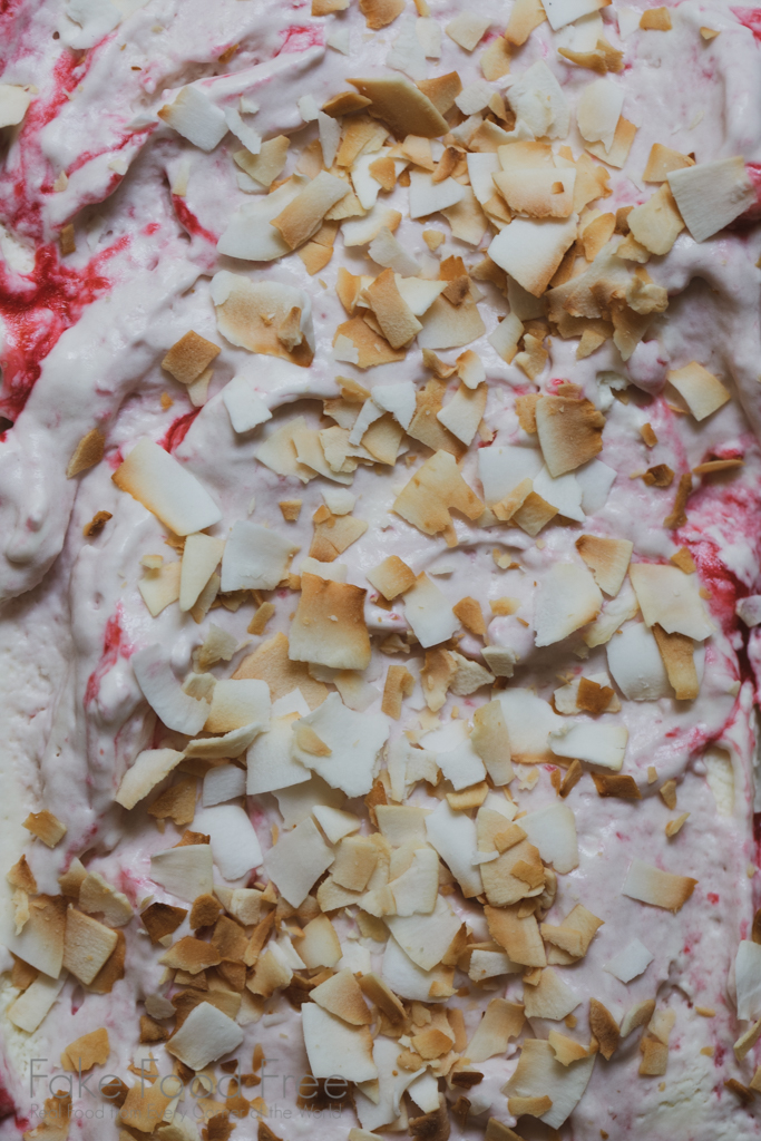 No churn ice cream recipe made with coconut sweetened condensed milk and raspberries | FakeFoodFree.com #icecreamrecipes #nochurnicecream #coconut #raspberryrecipes #summerrecipes