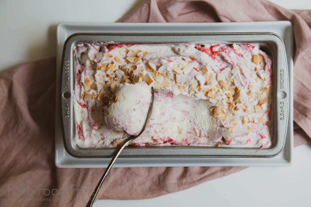 Rum Raspberry Coconut No Churn Ice Cream Recipe for summer! | FakeFoodFree.com #icecreamrecipes #nochurnicecream #coconut #raspberryrecipes #summerrecipes