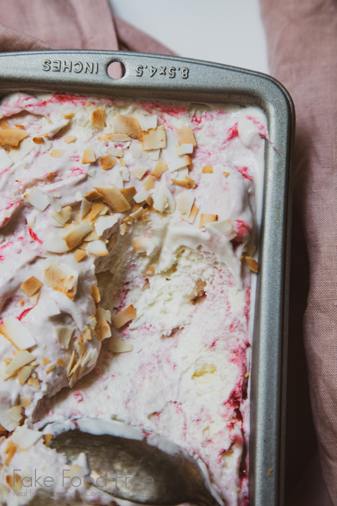 Recipe for Rum Raspberry Coconut No Churn Ice Cream | FakeFoodFree.com #icecreamrecipes #nochurnicecream #coconut #raspberryrecipes #summerrecipes