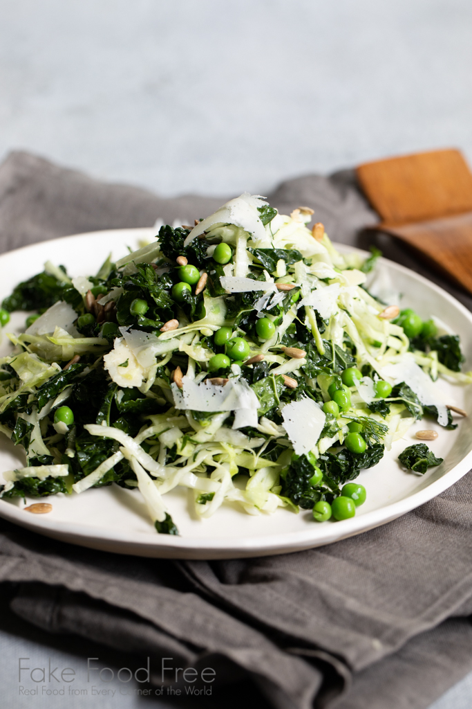 A salad recipe made with cruciferous vegetables, fresh peas, and parmesan. #saladideas #saladrecipes #healthyeating #healthyrecipes 