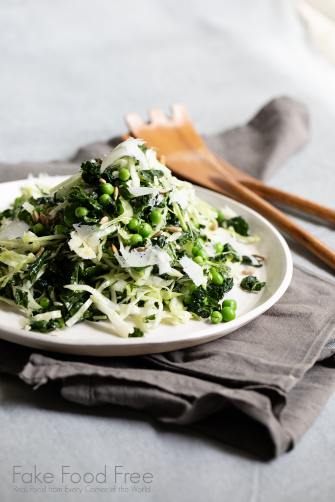 Cruciferous Salad with Peas and Parmesan Recipe | FakeFoodFree.com #saladideas #saladrecipes #healthyeating #healthyrecipes 