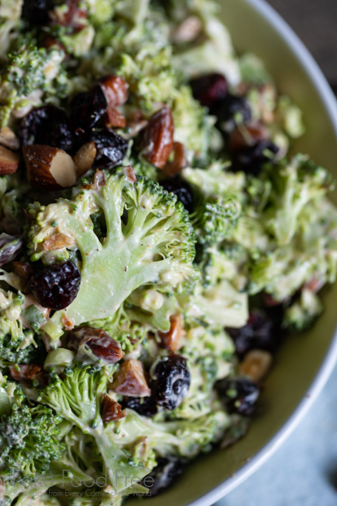 Bacon-free, light-on-the-mayo Sweet and Smoky Broccoli Salad Recipe from FakeFoodFree.com #broccolisalad #sidedish #healthyeating #meatfree #vegetables #partyfood #picnicfood #potluckideas