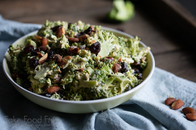 A recipe for sweet and smoky broccoli salad made with smoked almonds. No bacon and light on the mayo. | FakeFoodFree.com  #broccolisalad #sidedish #healthyeating #meatfree #vegetables #partyfood #picnicfood #potluckideas