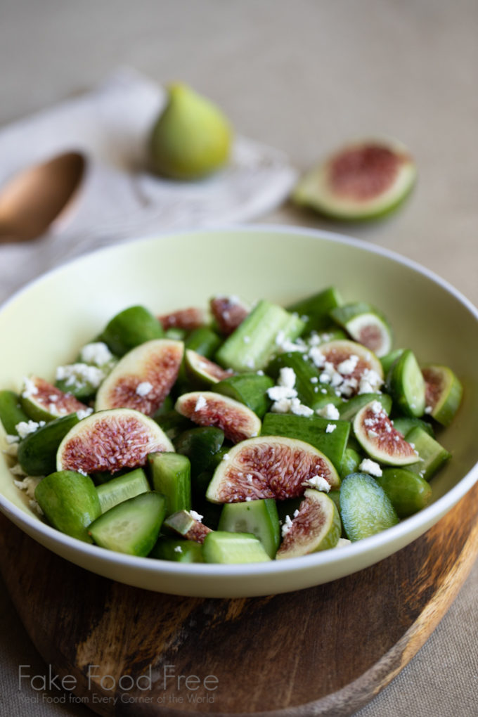 Salted Cucumber Kadota Fig Salad with Feta Recipe | FakeFoodFree.com #figrecipes #cucumberrecipes #healthyeating #healthysalads #summerrecipes #sidedishes #picnicrecipes 