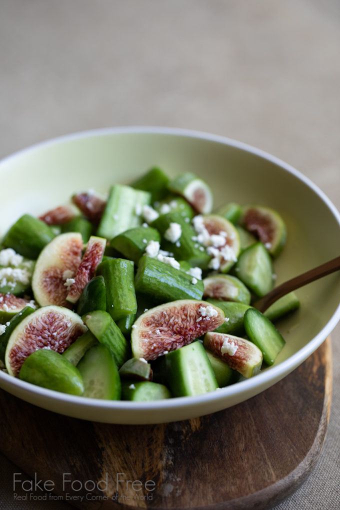Salted Cucumber Fig Salad Recipe #figrecipes #cucumberrecipes #healthyeating #healthysalads #summerrecipes #sidedishes #picnicrecipes 