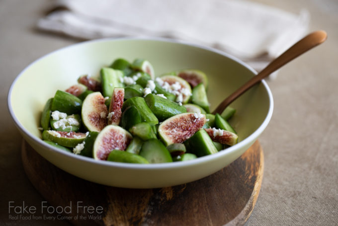 A fresh salad recipe with salted cucumbers and sweet figs sprinkled with feta cheese. | FakeFoodFree.com #figrecipes #cucumberrecipes #healthyeating #healthysalads #summerrecipes #sidedishes #picnicrecipes 
