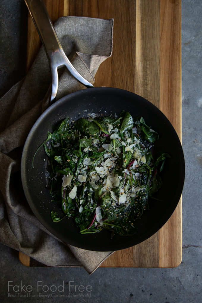 Easy Sauteed Greens Recipe with Parmesan and Everything seasoning | FakeFoodFree.com #healthyeating #healthyrecipes #easyrecipes #easysidedish #leafygreens 